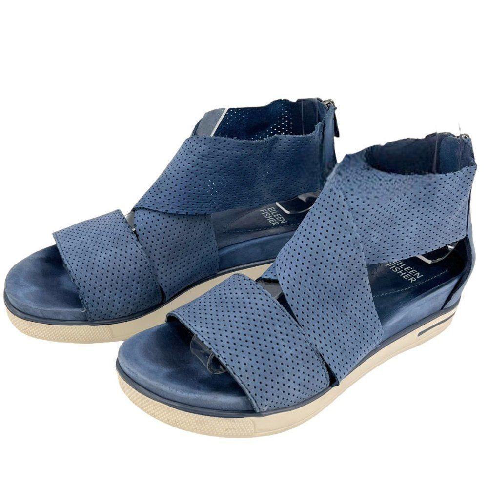 Eileen Fisher Blue Perforated Wedge Sandals - Picture 5 of 10